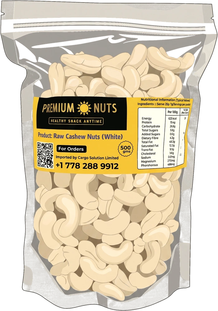 Illustration of the 500 gram clear pouch of whole raw white Tanzanian cashew nuts