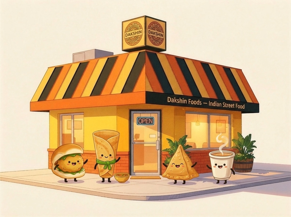 The Dakshin Foods yellow corner shop with its food mascots β vada pav, dosa, samosa and chai β out front