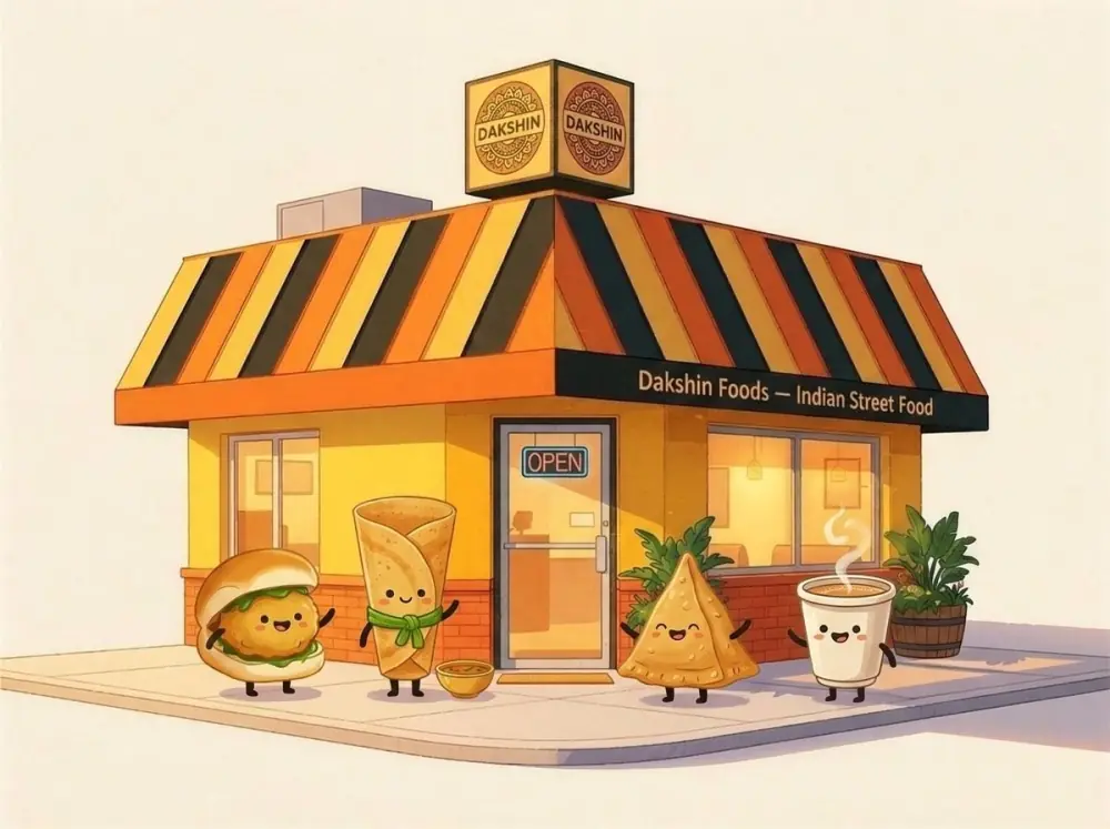 The Dakshin Foods yellow corner shop with its food mascots — vada pav, dosa, samosa and chai — out front