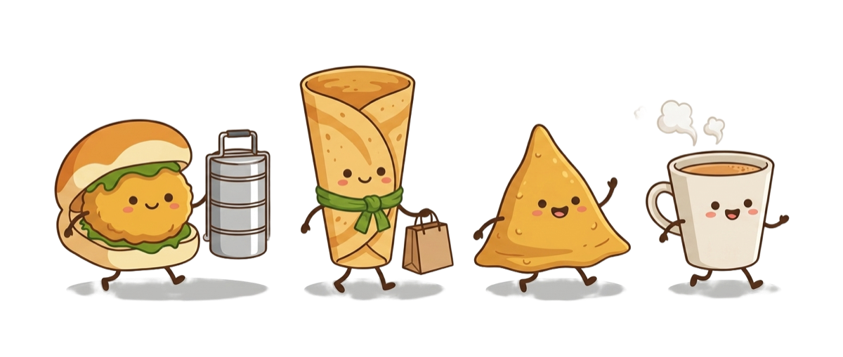 The Dakshin food mascots carrying a stacked tiffin and a takeout bag