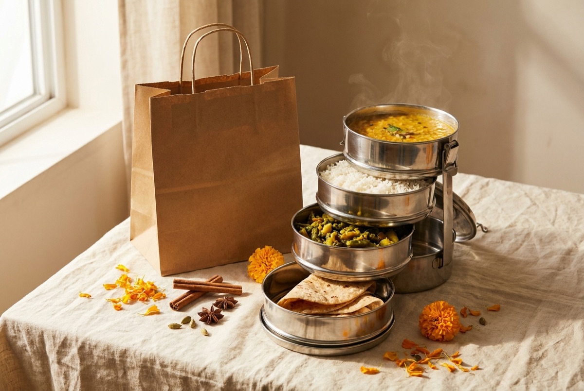 A Dakshin tiffin plan — kraft bag and stacked steel tiffin
