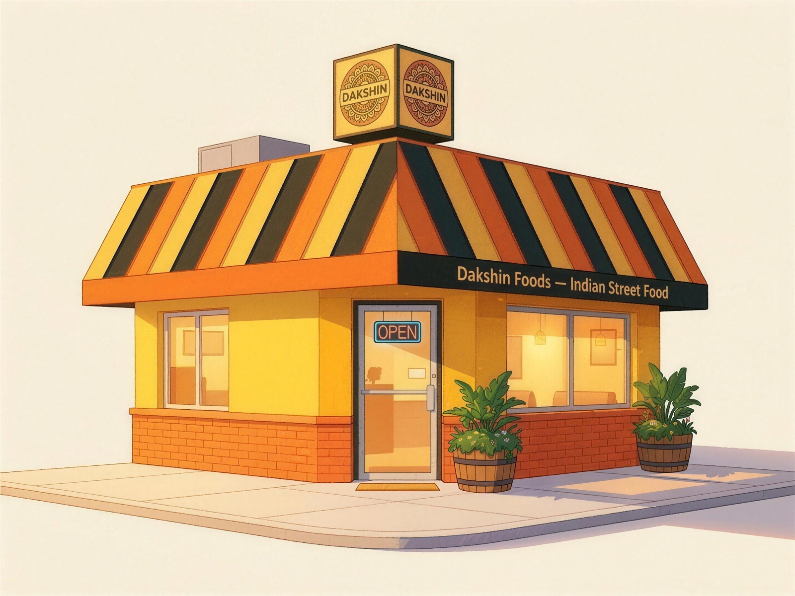 Illustration of the Dakshin Foods corner store in New Westminster