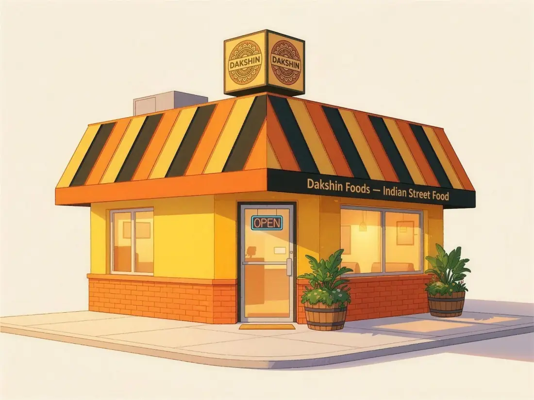 Illustration of the Dakshin Foods corner store in New Westminster